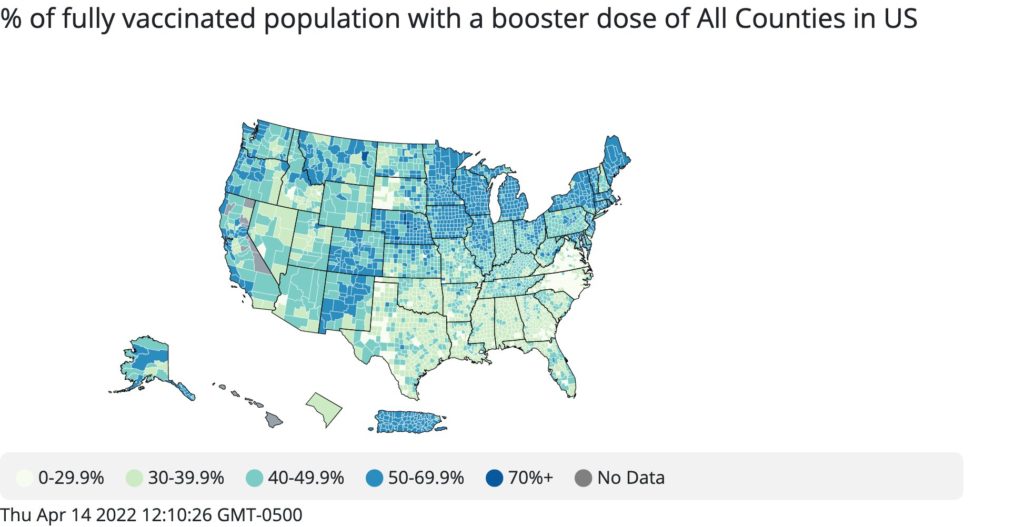 Map of the U.S. by county, showing the % of the vaccinated population with a booster. Most is light green, indicating 49% or lower; the Great Lakes and New England areas are darker blue, indicating 50% or more.
