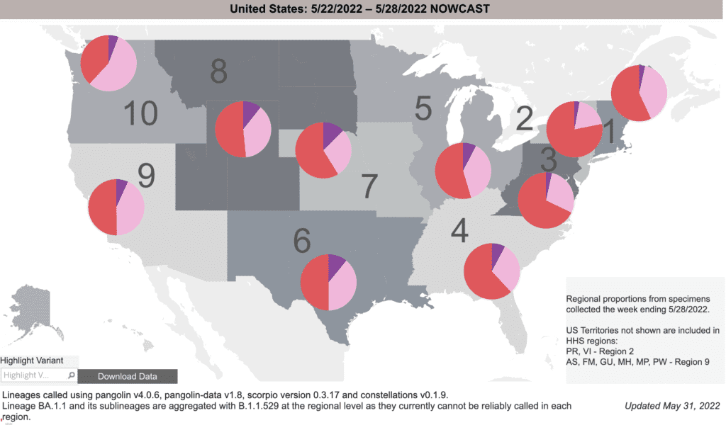 A grayscale map of the United States describing proportions of COVID variants in 10 regions with pink and red pie charts. Each regional pie chart indicates a large number of cases comprising the BA.2 variant, shown in pink, but there is an increasing proportion of cases comprising the BA.2.12 variant, shown in red. The majority of the pie chart is red in regions like the Northeast, East Coast, and some of the Midwest, 40 to 50 percent is red in the South and Southwest, and 30 to 40 percent is red in the Pacific Northwest. On the bottom right, text says "Regional proportions from specimens collected the week ending 5/28/2022. US territories not shown are included in HHS regions: Puerto Rico, Virgin Islands - Region 2; American Samoa, Federated States of Micronesia, Guam; Marshall Islands, Northern Mariana Islands, Palau - Region 9. Updated May 31, 2022."