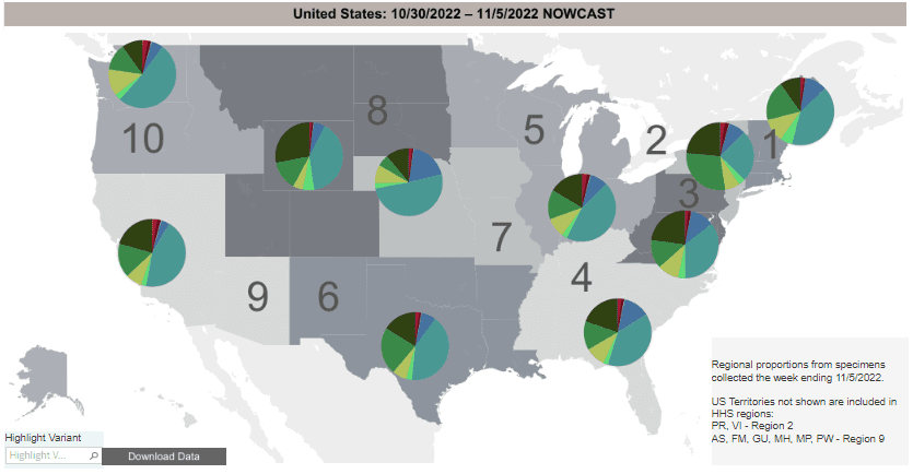 Regional difference map of the US with 10 regions (groups of roughly 3 or 4 states), depicted as shades of gray. Title reads: United States: 10/30/2022 - 11/5/2022 Nowcast. Each region has a colored pie chart. Legend reads “Regional proportions from specimens collected the week ending 11/5/2022” and “US Territories not shown are included in HHS regions: PR, VI - Region 2. AS, FM, GU, MH, MP, PW - Region 9.” BA.5 (teal) is most common in most regions, followed by BQ.1 (forest green) and BQ1.1 (olive). Region 2 (NY, NJ, PR, VI) is the exception with BQ1 as the majority of cases (28.8 percent) and only about one quarter BA.5. Region 7 (IA, MO, KS, and NE), and Region 10 (ID, WA, and OR) also differ, having higher percent BA.5 (about 60 percent) than other regions which are around 50 percent. Region 7 also has more BA4.6 (blue) than other regions. Bottom text reads: “Updated October 28, 2022” and  “Lineages called using pangolin v4.1.3, pangolin-data v1.15.1 and user v.0.5.4.” 