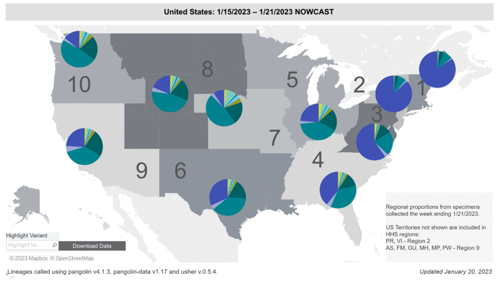 Regional difference map of the US with 10 regions each with roughly 3 or 4 states depicted as shades of gray. Title reads “United States: 1/15/2023 - 1/21/2023 Nowcast.” Each region has a colored pie chart showing variant proportions. Legend at bottom right reads “Regional proportions from specimens collected the week ending 1/21/2023” and “US Territories not shown are included in HHS regions: PR, VI - Region 2. AS, FM, GU, MH, MP, PW - Region 9.” XBB1.5 (dark purple) makes up over 80 percent of the pie in regions 1 and 2 (Northeast), almost two-thirds in region 3 (Mid-Atlantic) and ranges from about 10 to 40 percent elsewhere. BQ1.1 (teal) shares a third of region 4’s infections and is the most dominant lineage in regions 5 to 10. Bottom text reads: “Updated January 20, 2023” and  “Lineages called using pangolin v4.1.3, pangolin-data v1.17 and user v.0.5.4.”