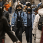 Women walking down the street wearing masks