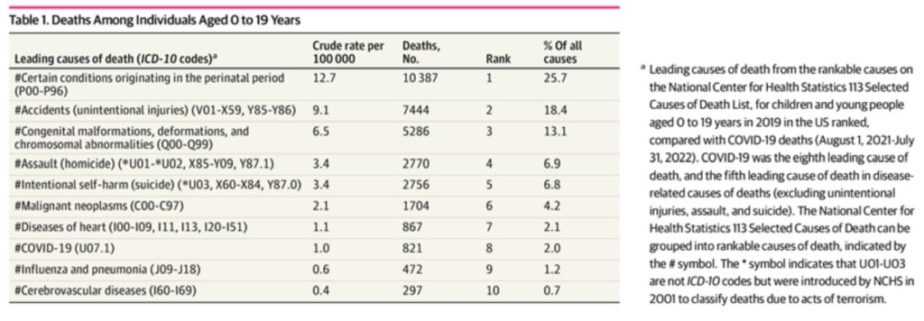 This table, titled “Deaths Among Individuals Aged 0 to 19 Years” shows leading causes of death in the first column, then crude rate per 100,000, the number of deaths, the rank, and the percent of all causes in subsequent columns. The first most common cause of death is “certain conditions originating in the perinatal period.” Their crude rate is 12.7/100,000, representing 10,387 deaths and 25.7 percent of all causes. Next is accidents, unintentional injuries, making up 18.4 percent of all causes. Congenital malformations deformations and chromosomal abnormalities are 3rd at 13/1 percent. Next are assault at 4th, intentional self harm or suicide at 5th, malignant neoplasm at 6th, and diseases of the heart at 7. COVID-19 has a crude rate of 1/100,000, representing 821 deaths, is 8th on the table, and makes up 2 percent of all deaths in this age category. Influenza and pneumonia is 9th representing 1.2 percent of all deaths. Last in the table is cerebrovascular diseases at 10th.