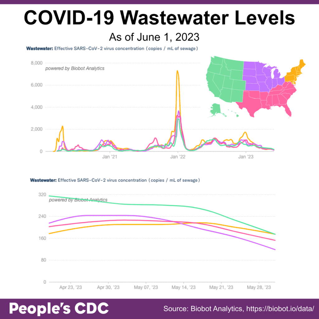 Title reads “COVID-19 Wastewater Levels As of June 1, 2023.” A map of the United States in the upper right corner serves as a key. The West is green, Midwest is purple, South is pink, and Northeast is orange. Two graphs on the top and bottom each are titled “Wastewater: Effective SARS-CoV-2 virus concentration (copies / mL of sewage).” On the top, line graphs show wastewater trends by region from 2020 to 2023, with the highest peak in all regions in January 2022, ranging from about 2,500 to 7,000 copies/mL. On the bottom, line graphs by region show dates between April 2023 and May 2023 with regional virus concentrations decreasing in May, ranging from 119 (Midwest) to 175 copies/mL (Northeast and West).