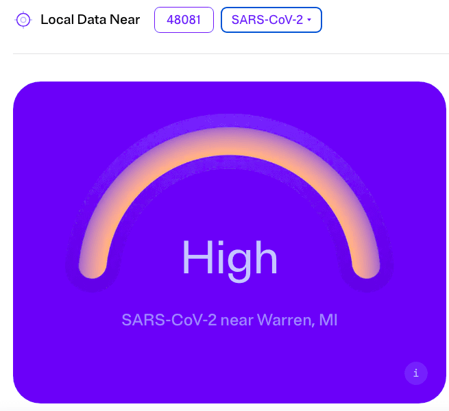 Graphic includes a bright indigo box with an orange arc in the center. Beneath is the text “high” in large font, with the caption “SARS-CoV-2 near Warren, MI.” Above the graphic is the text “Local Data Near,” with two white boxes with purple text on the right hand side labeled with “48081” (zip code) and “SARS-CoV-2” respectively.