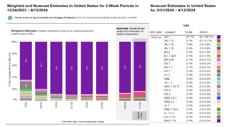 Two stacked bar charts with two-week periods for sample collection dates on the horizontal x-axis and percentage of viral lineages among infections on the vertical y-axis. Title of the first bar chart reads “Weighted Estimates: Variant proportions based on reported genomic sequencing results” with collection dates ranging from 1/6/24 to 3/16/2024. The second chart’s title reads “Nowcast: model-based projected estimates of variant proportions,” dates ranging from 3/30/24 to 4/13/2024. In the Nowcast Estimates for the period ending on 4/13/24, JN.1 (dark purple) is projected to be the highest at 83.7 percent, JN1.13 (dark pink) is 9.1 percent. Other variants are at smaller percentages represented by a handful of other colors as small slivers.The legend with a list of variants, proportions, and their associated colors is on the far right of the bar charts.